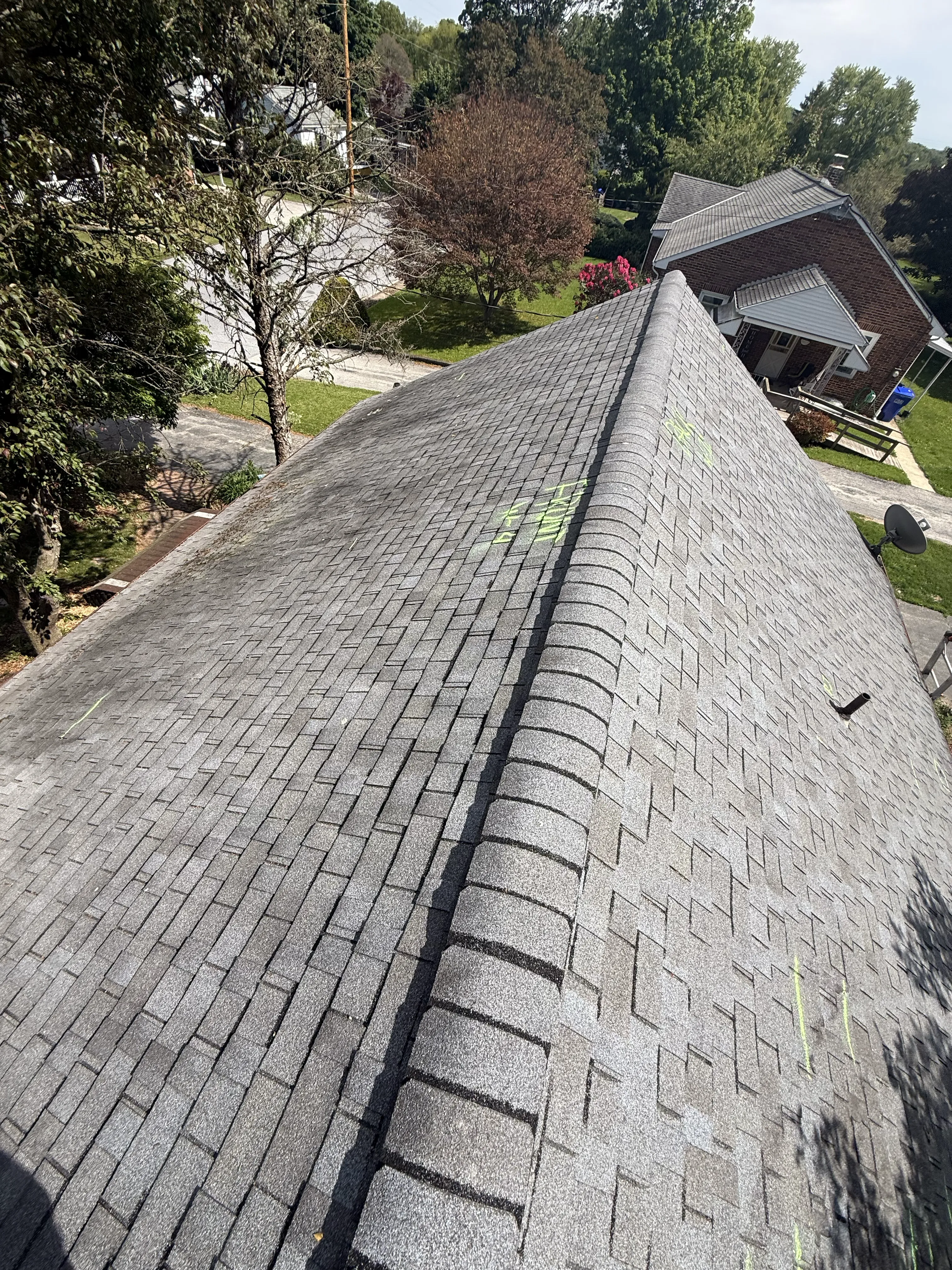 Close-up view of residential roof shingles after installation.